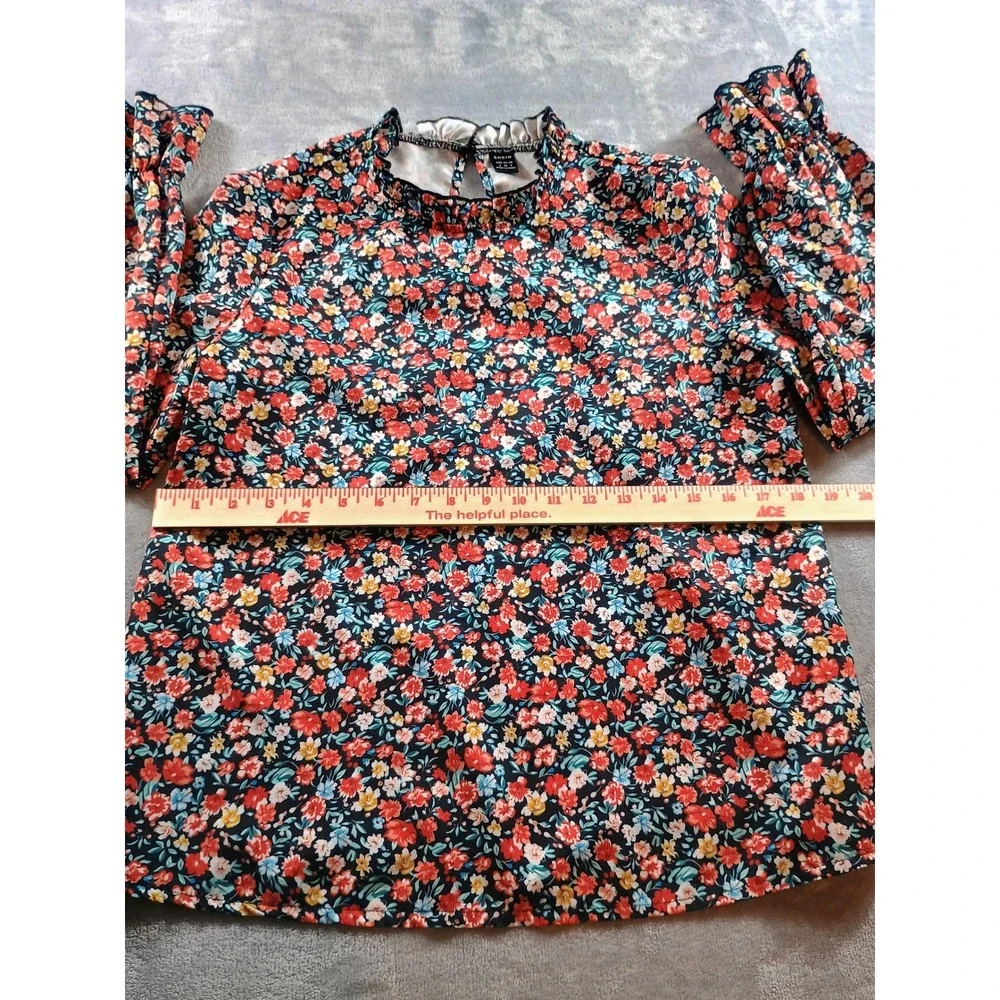 SHEIN Womens Floral Mock Neck Blouse Multicolor Small Smocked Cuffs